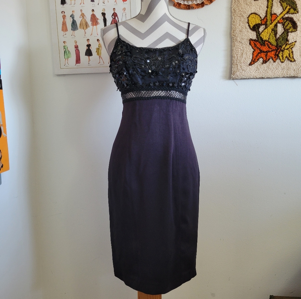 90s Vintage Black Embellished Bust Sheer Waist Cocktail Dress